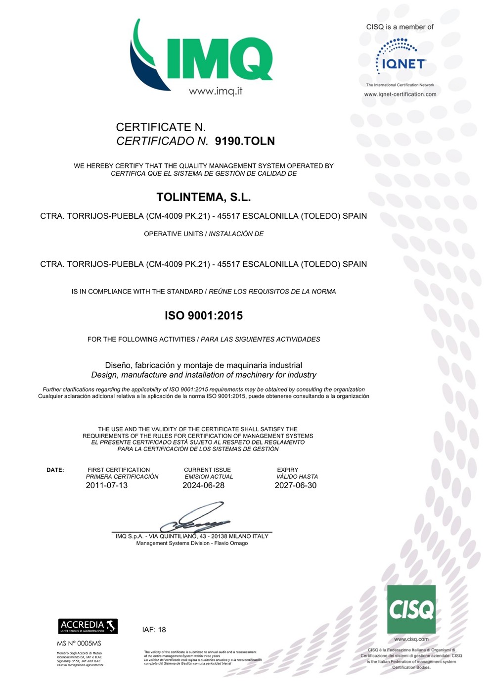Certificado ISO 9001 de Tolintema